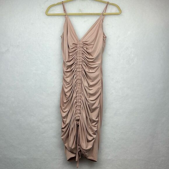 Tiger Mist Sasha Tan Ruched Drawstring Sleeveless Mini Dress Sz S - Picture 1 of 9